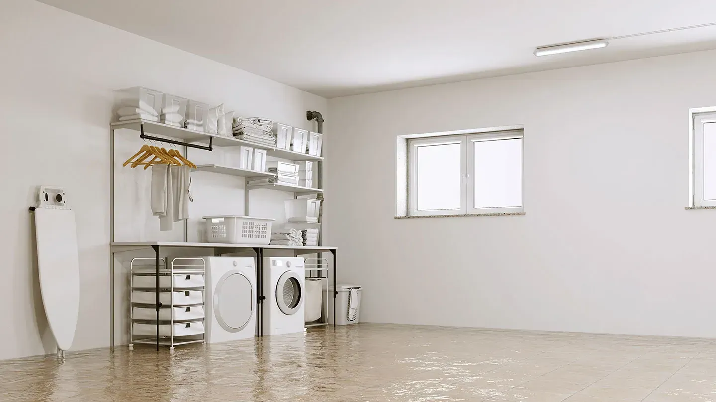 A laundry room with white appliances, shelving, and an ironing board, with water flooding the entire floor surface.