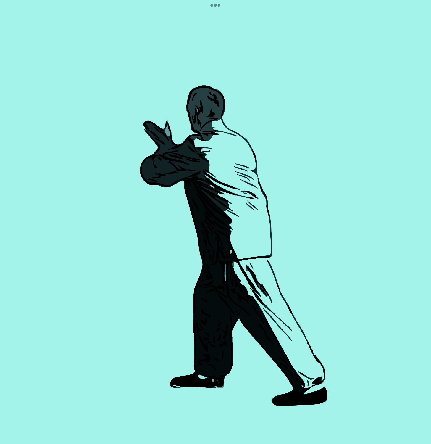 A black and white drawing of a man in a suit doing  tai chi movement