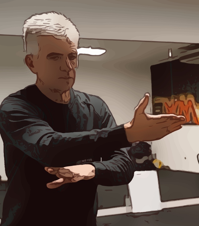 A  drawing of a man stretching his arms in tai chi posture as if closing the door