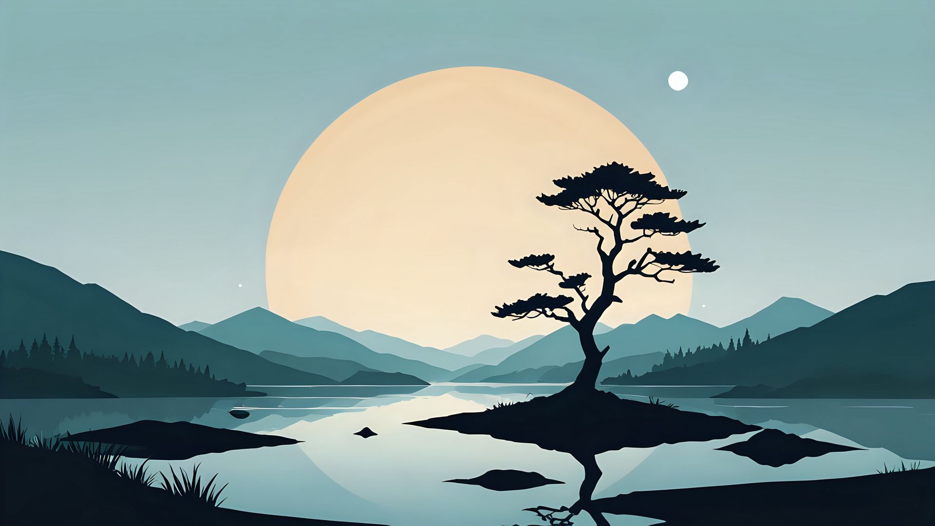A tree on a small island in the middle of a lake with mountains in the background.