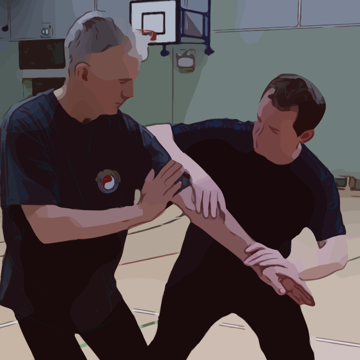 Two men are fighting in a gym with a basketball hoop behind them