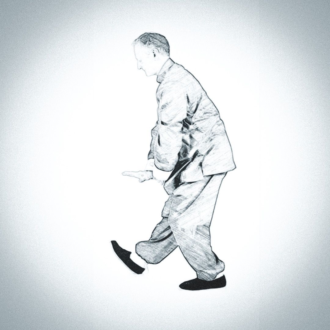A black and white drawing of a man in a tai chi posture