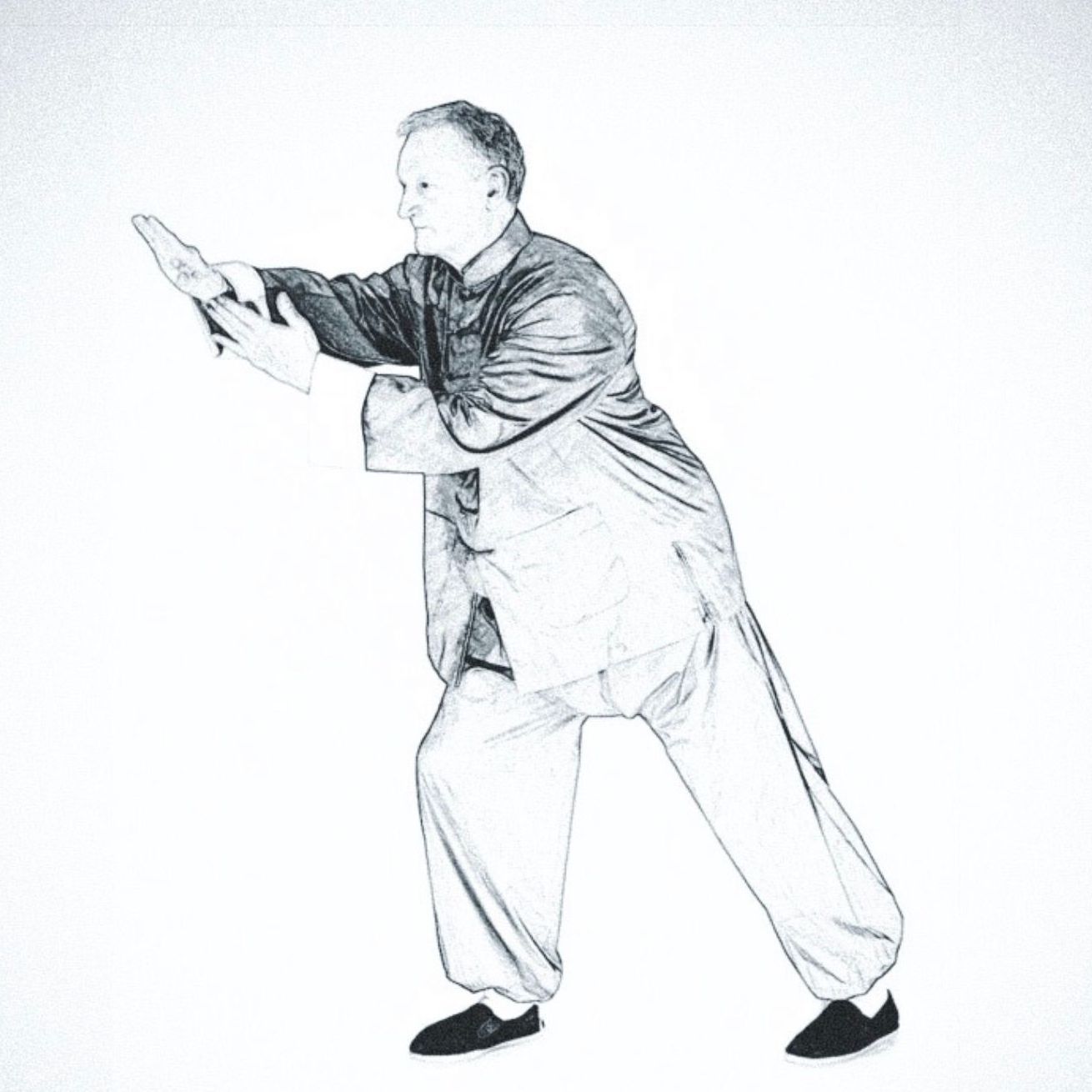 A black and white drawing of a man practicing martial arts
