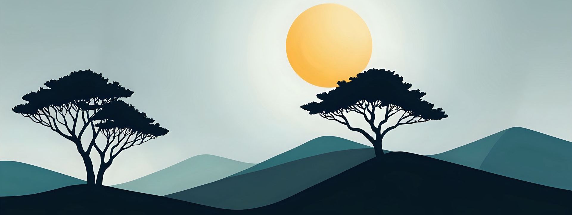 Two trees are silhouetted against a mountain range with the sun shining through the clouds.