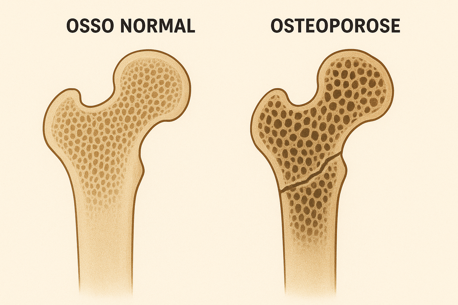 Osteoporose acarreta em fragilidade óssea e fraturas. Fêmur com osteoporose