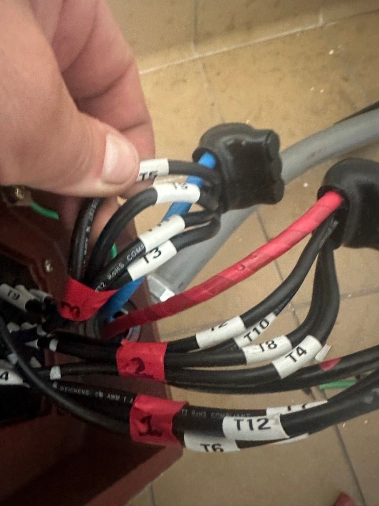 A close up of a person holding a bunch of wires labeled t12