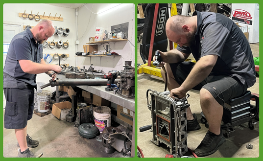 Two images of a bald man working on car parts in a garage.