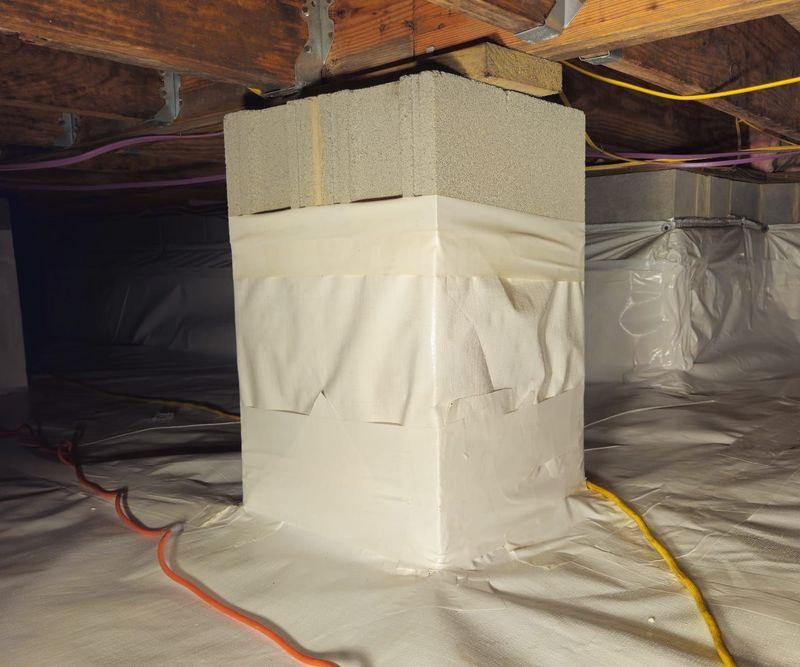 A concrete support pier in a crawlspace, wrapped in white vapor barrier material and sealed with tape.
