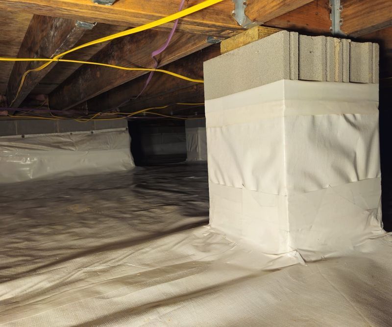 A crawl space with a concrete pier wrapped in white vapor barrier material under wooden floor joists.