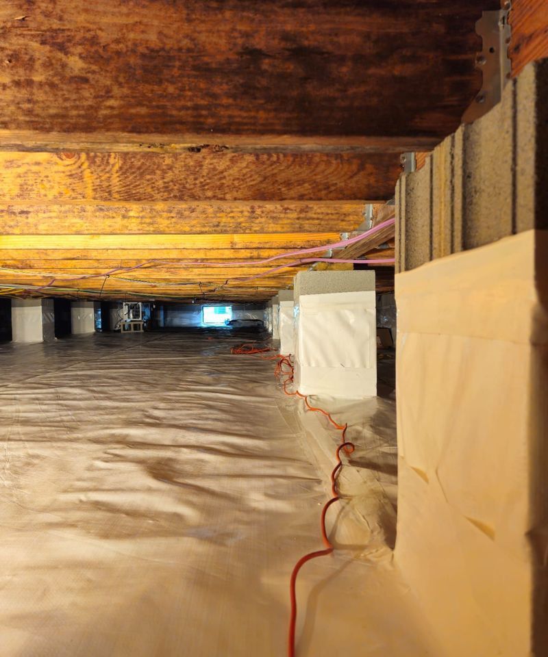 A crawl space with white vapor barrier flooring, wooden joists overhead, and concrete piers wrapped in white plastic.