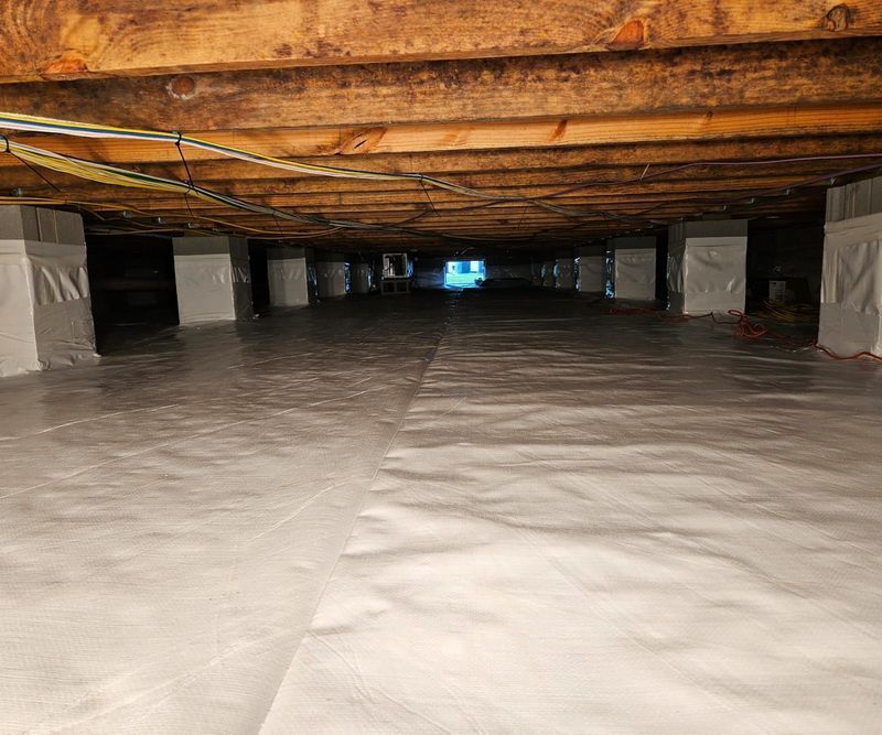 A low-angle view of a crawl space with white vapor barrier flooring and concrete piers supporting wooden floor joists.