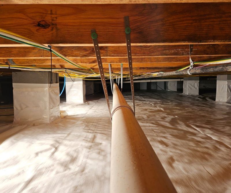 A crawl space with white plastic vapor barrier flooring, supporting pillars, and a PVC pipe suspended by metal straps.