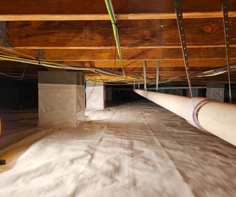 A view into a crawl space with a vapor barrier on the ground, concrete support pillars, and overhead floor joists.