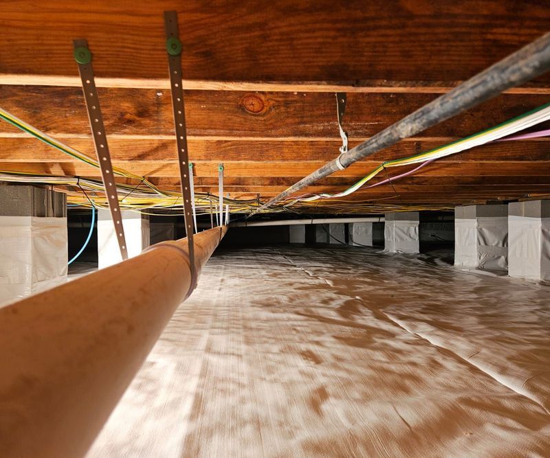 A low-angle view of a clean crawl space with white vapor barrier flooring and wooden joists held by metal straps.