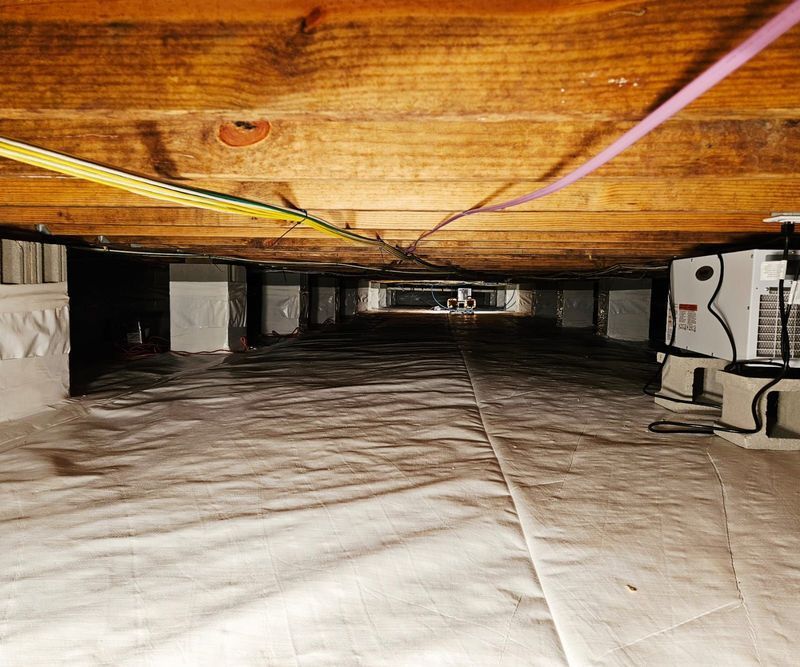 A crawl space with white moisture-proof flooring, wooden joists, electrical wires, and a dehumidifier on concrete blocks.