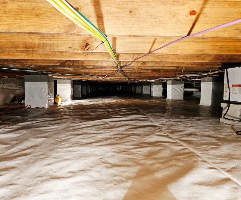 A crawl space with a white vapor barrier on the ground, wooden floor joists, and exposed wiring above the supports.