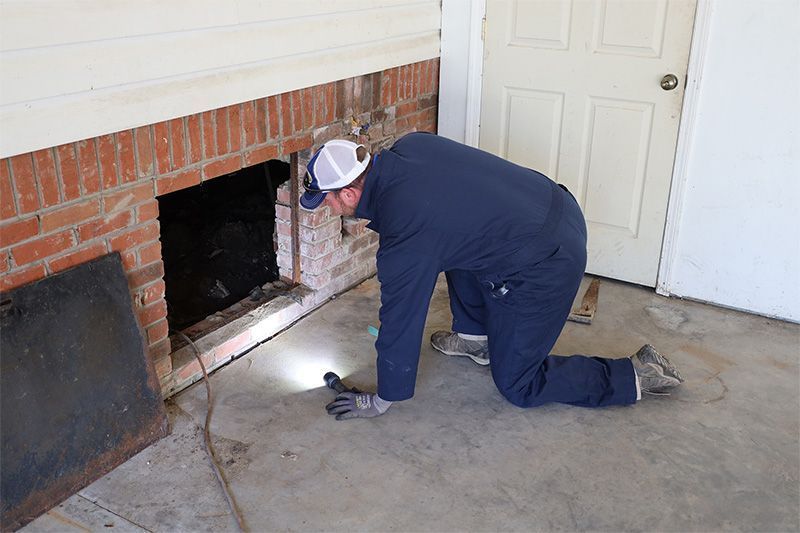 A person in a dark uniform and cap kneels on a concrete floor, using a flashlight to inspect a crawl space in a brick wall.