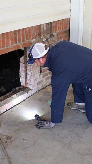 A professional in a uniform and cap inspects a crawl space opening in a brick wall while using a flashlight.