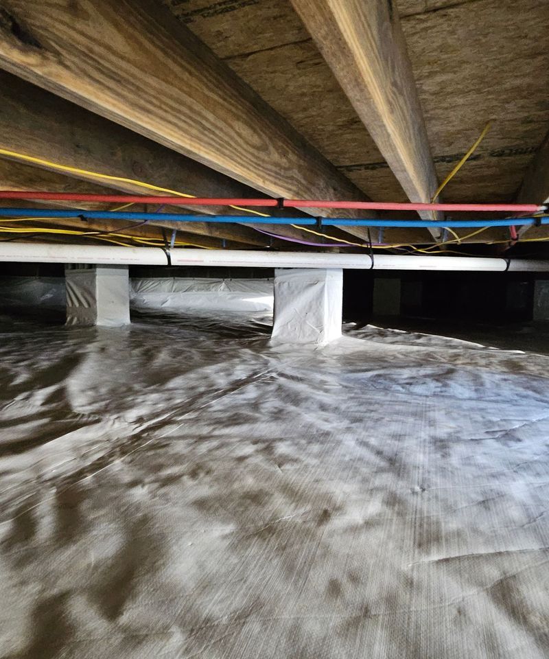 A crawl space with white vapor barrier flooring, wrapped piers, exposed wooden joists, and blue and red PEX water lines.