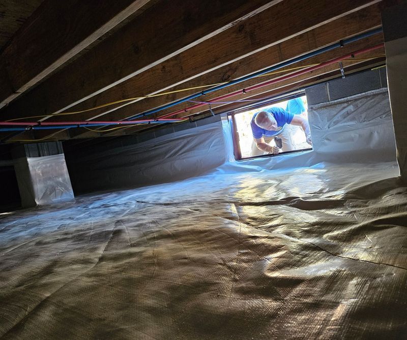 A person works in a crawl space featuring a clean white vapor barrier covering the ground and foundation walls.