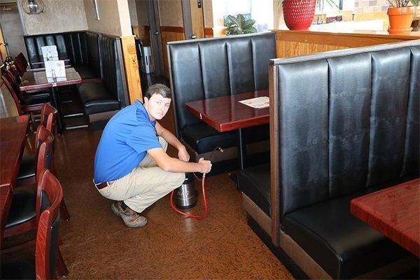 A person in a blue shirt crouches in a restaurant, using a red-hosed canister to spray around the base of a booth.