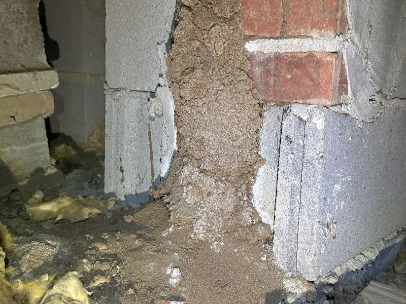 A termite mud tube climbing up a concrete foundation wall next to red bricks in a crawl space.