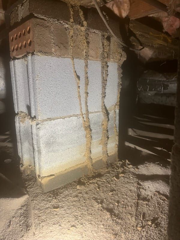 Termite mud tubes running vertically up a concrete block pier under a house.