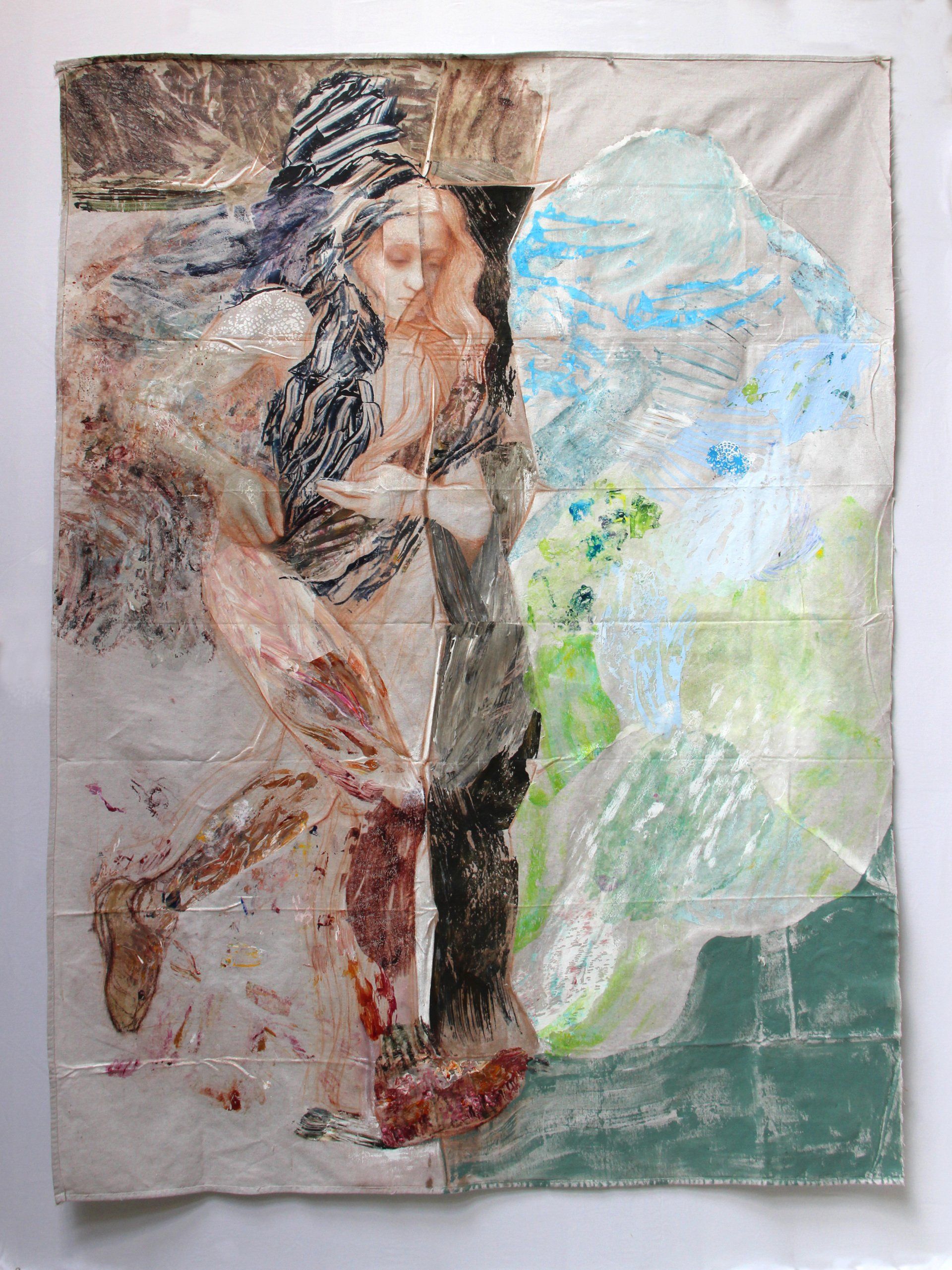 Daughter. 2020, Mixed media and collage on drop cloth, 70