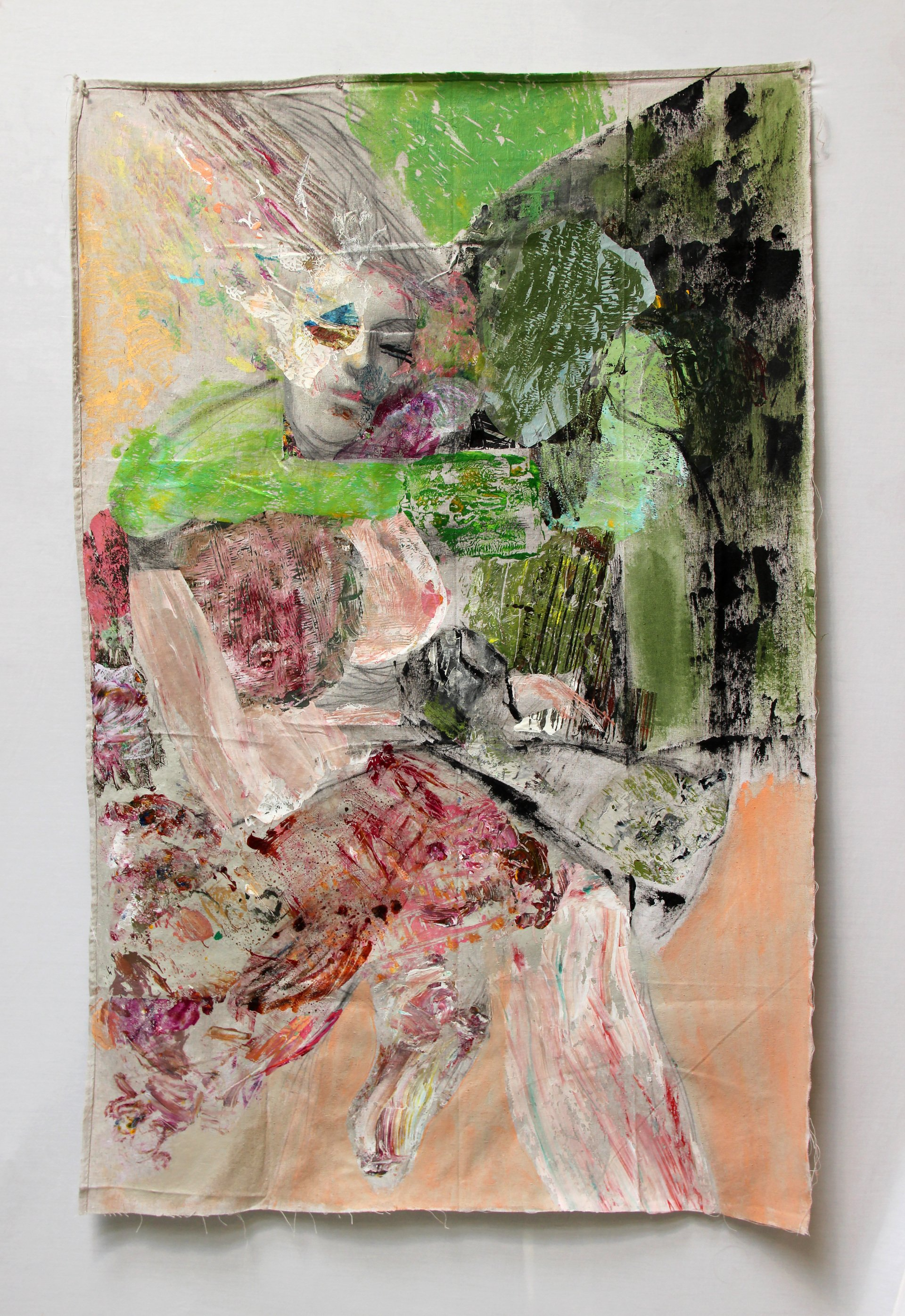 Expulsion. 2020, Mixed media, bark and collage, with block print of Masaccio’s Eve, on drop cloth, 72” x 46