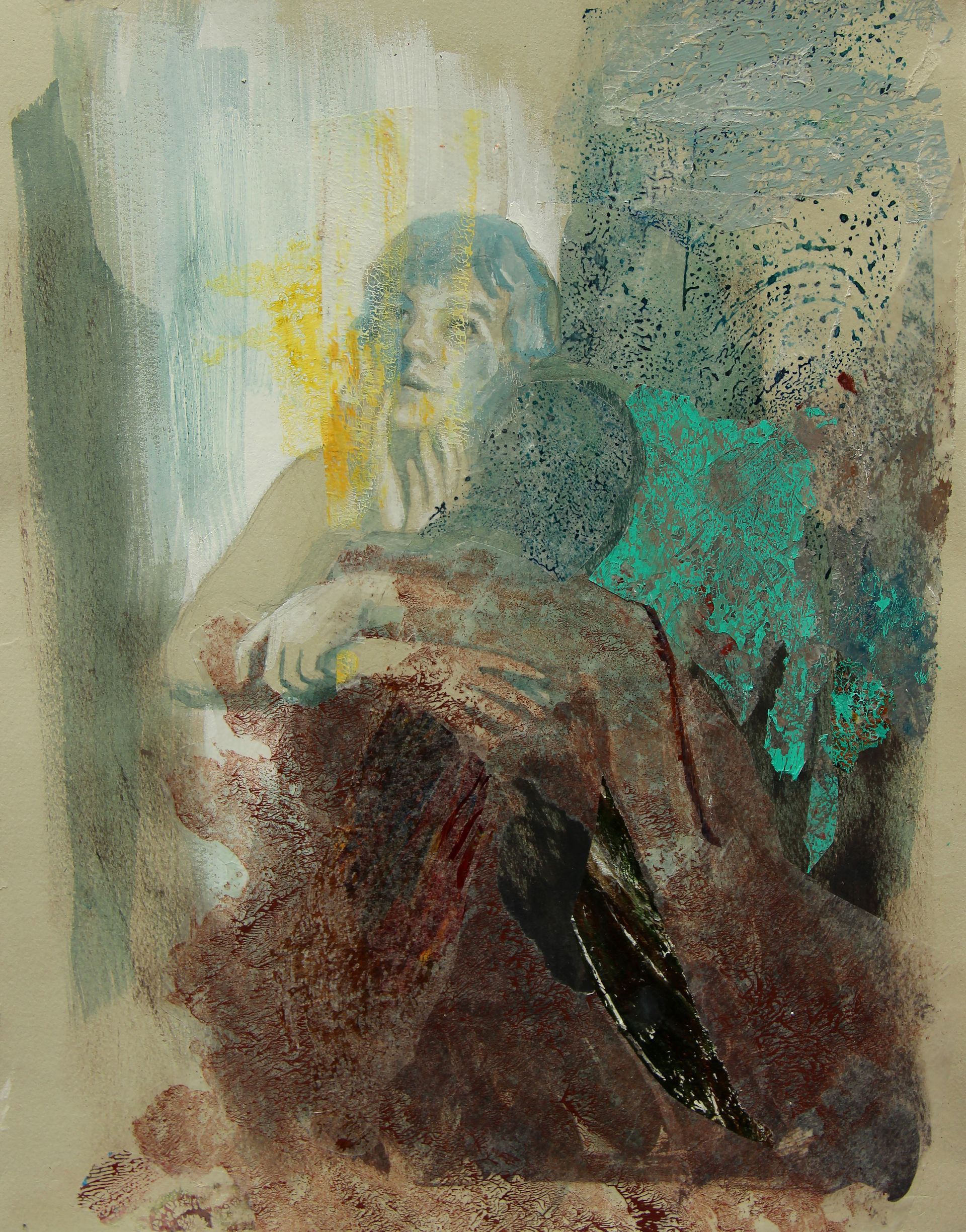 Past Future Tense. 2020, Mixed media and collage on drop cloth, 70