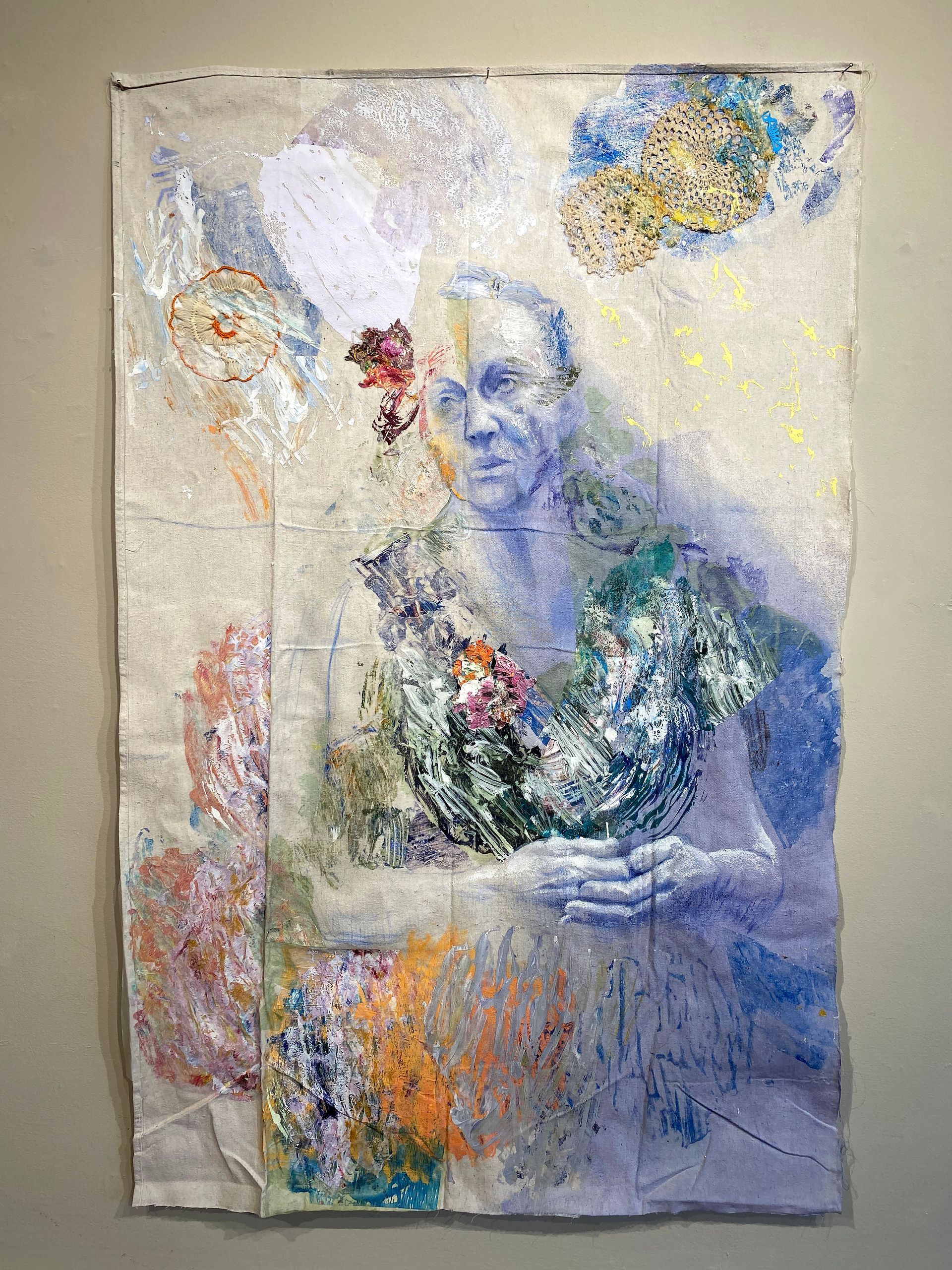 Expulsion. 2020, Mixed media, bark and collage, with block print of Masaccio’s Eve, on drop cloth, 72” x 46