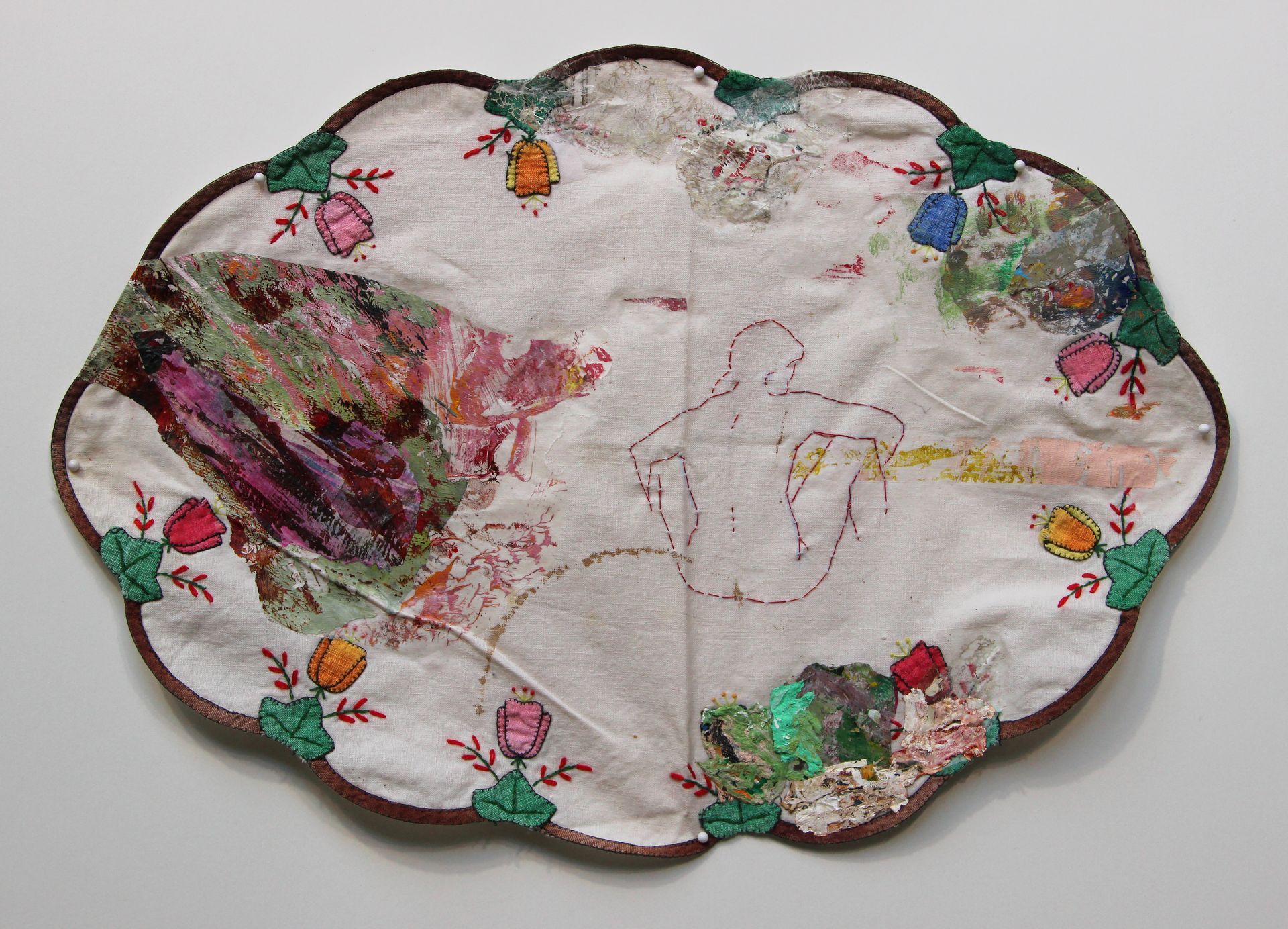 Missing. 2020, Stitching and acrylic collage on heirloom doily with mold, 23