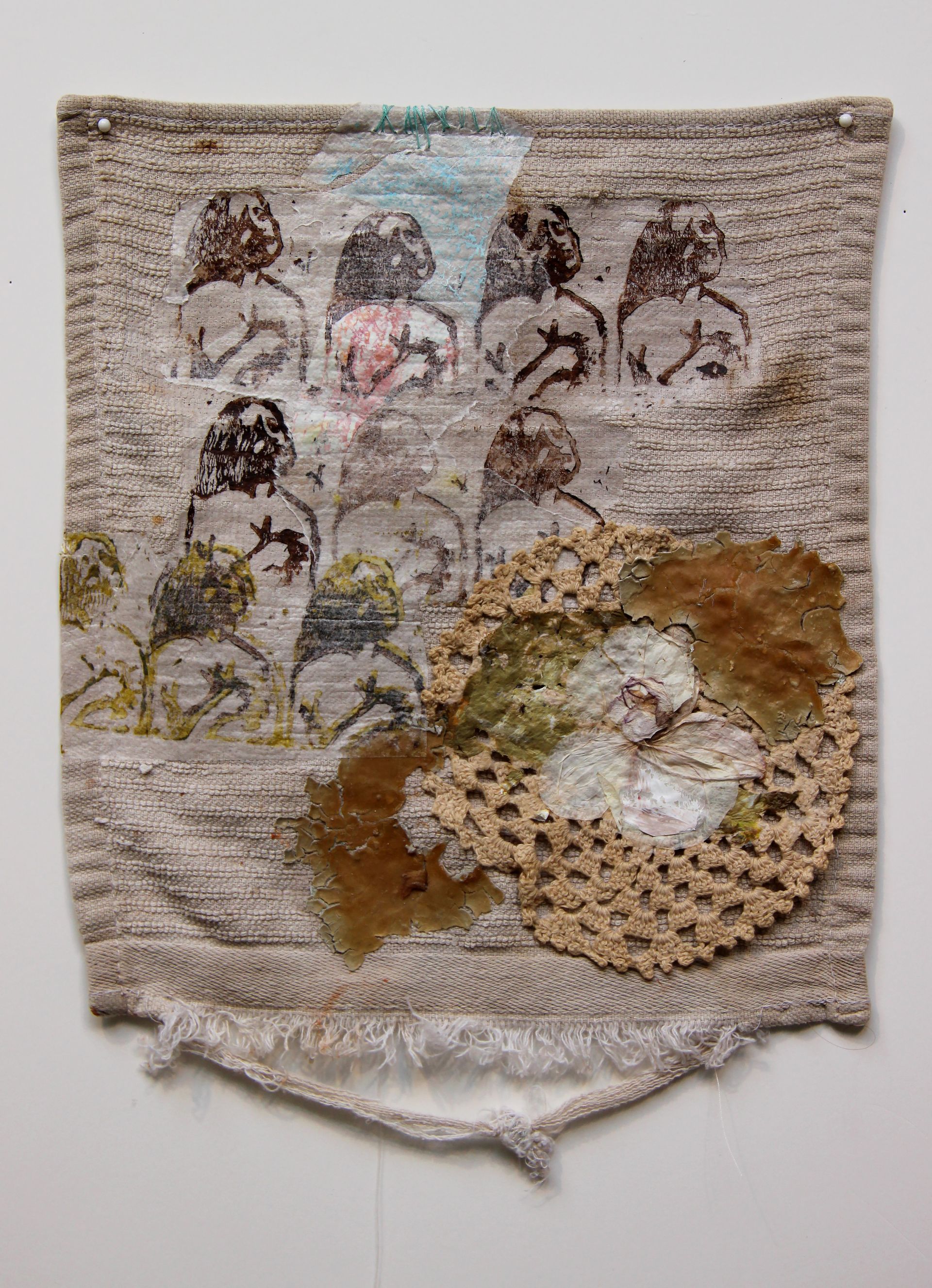 Hands to Work. 2020, Stitching, acrylic collage and paper doily on kitchen towel, 25