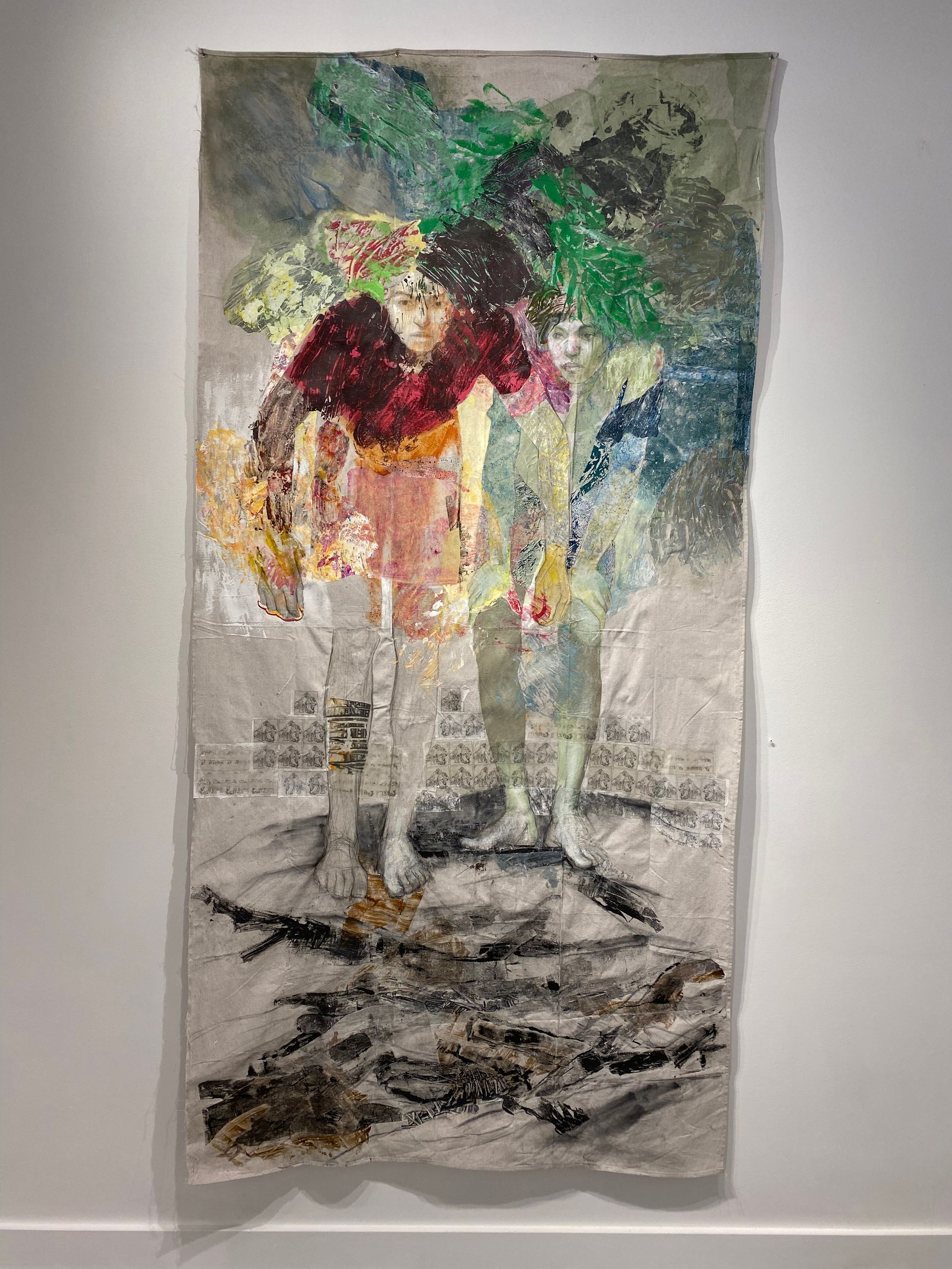 Daughter. 2020, Mixed media and collage on drop cloth, 70