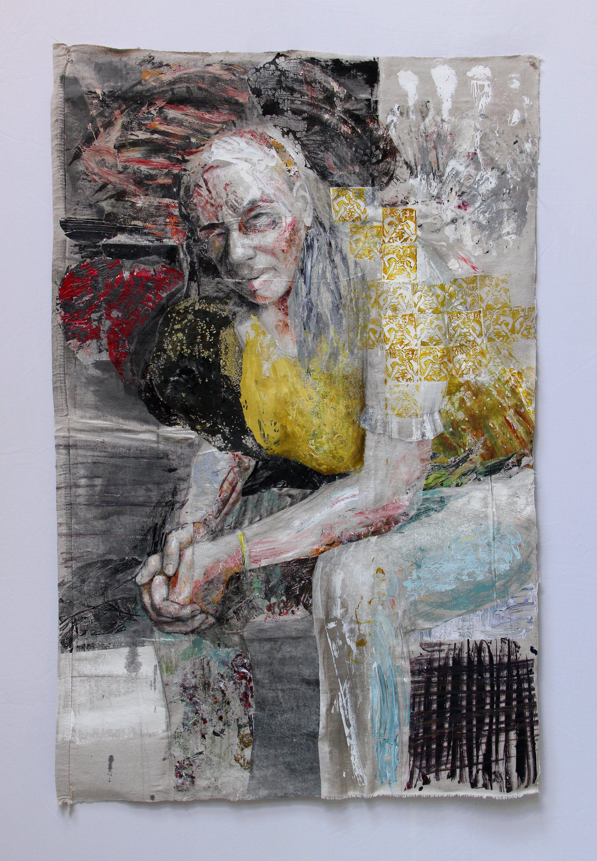 Under the Wave. 2020, Mixed media and collage on drop cloth, 80