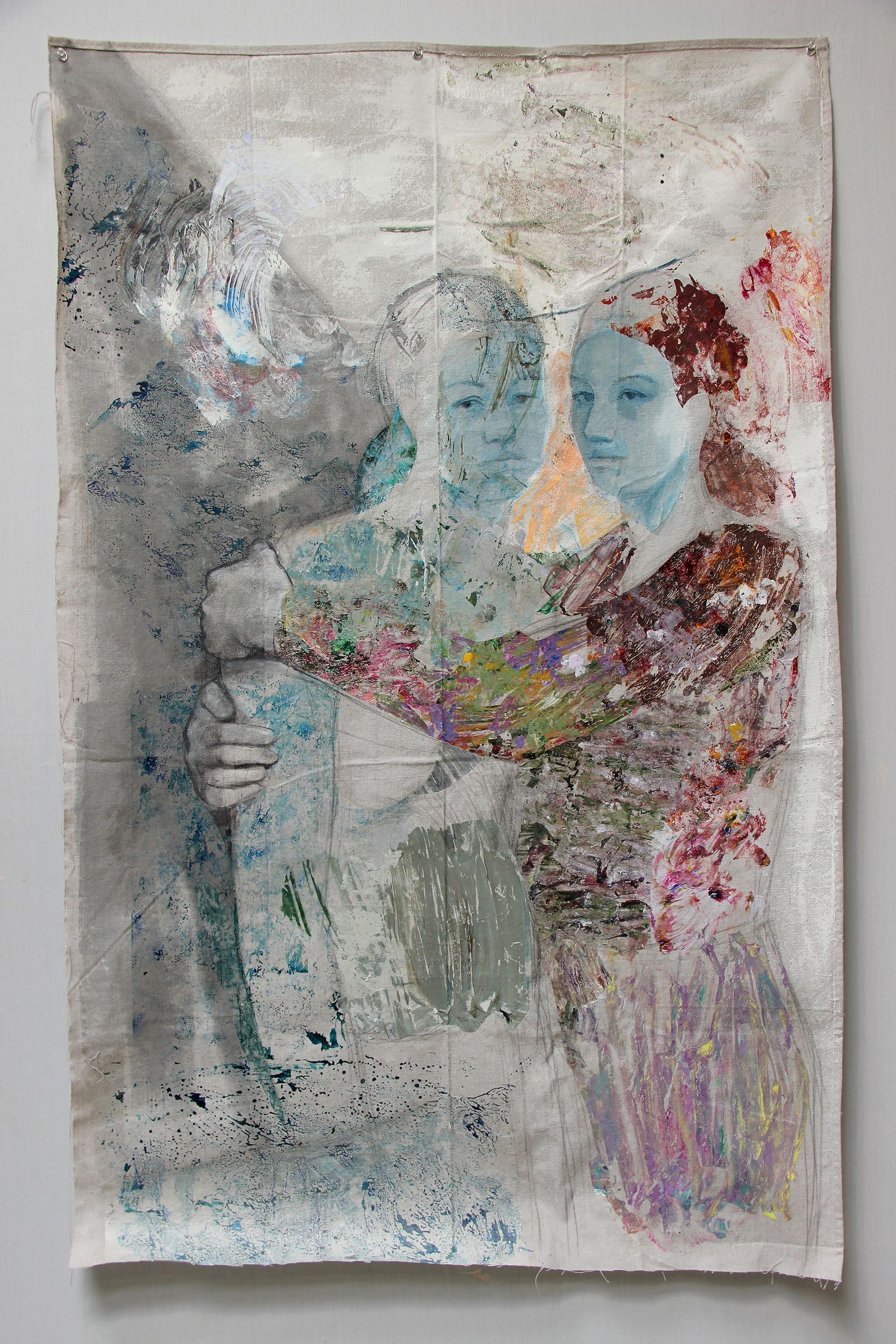 Under the Wave. 2020, Mixed media and collage on drop cloth, 80