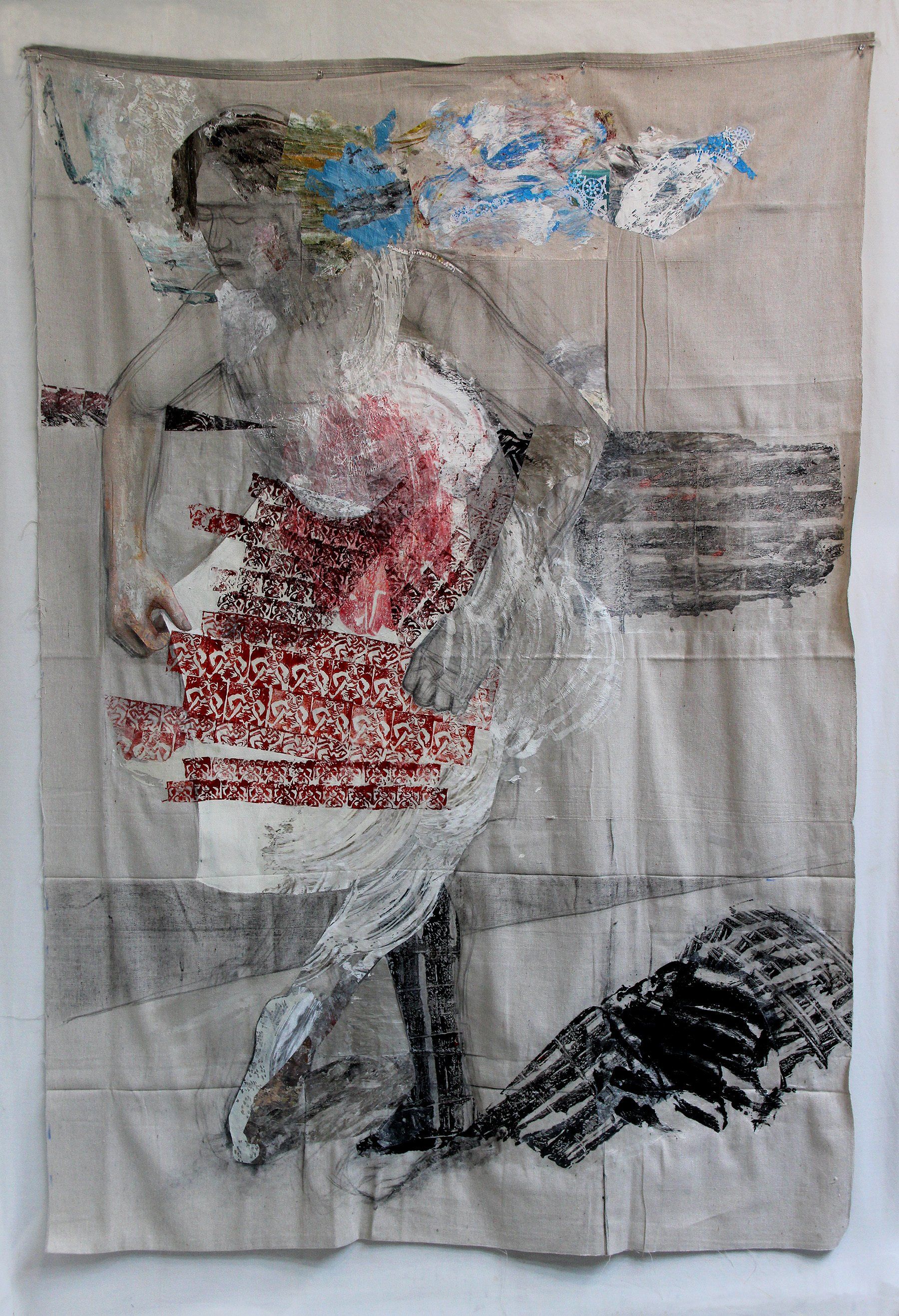Becoming Unbecoming. 2019, Mixed media and collage, with block print of Sheela na gig, on drop cloth, 68