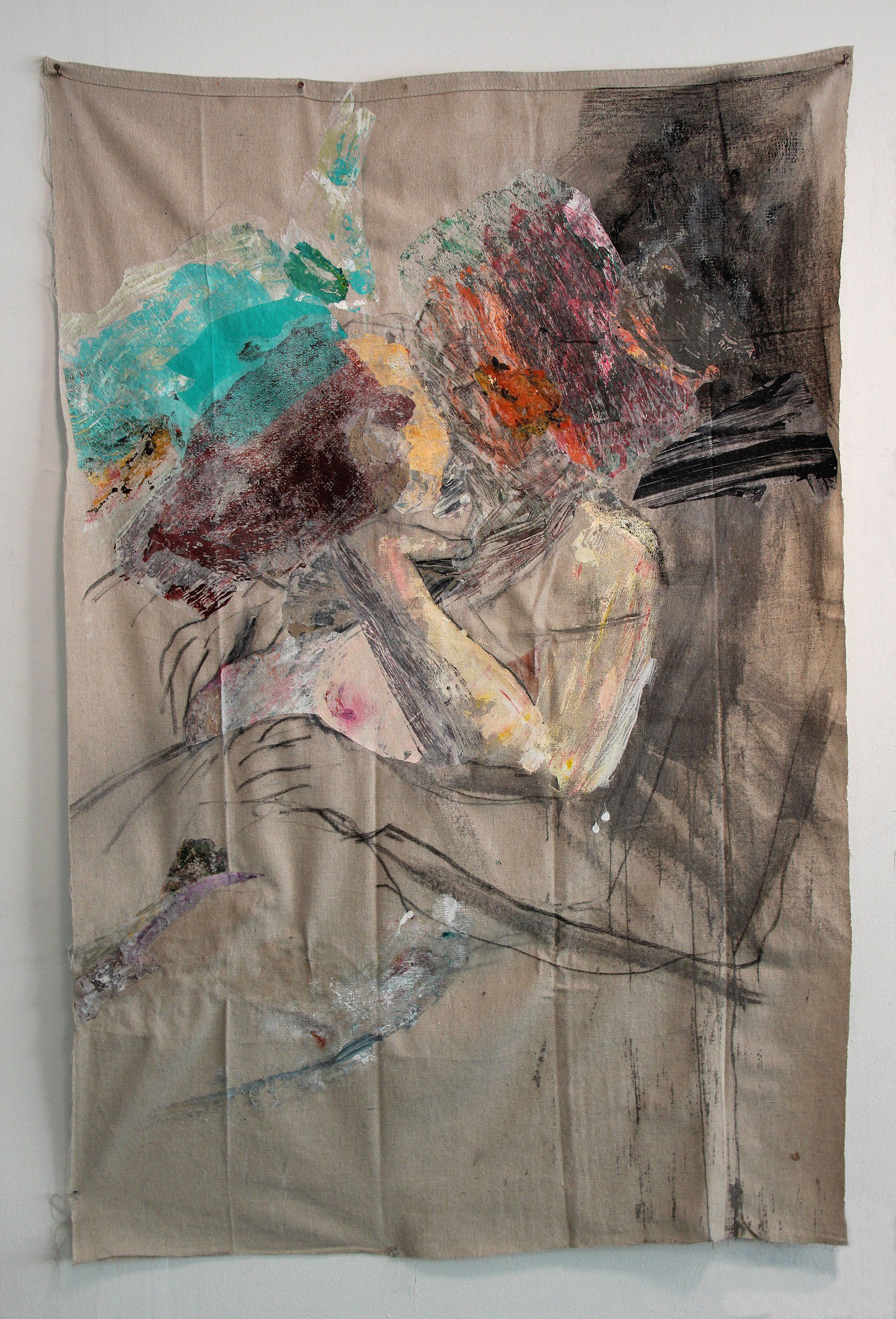 Couple II, 2019, Mixed media and collage on drop cloth, 51