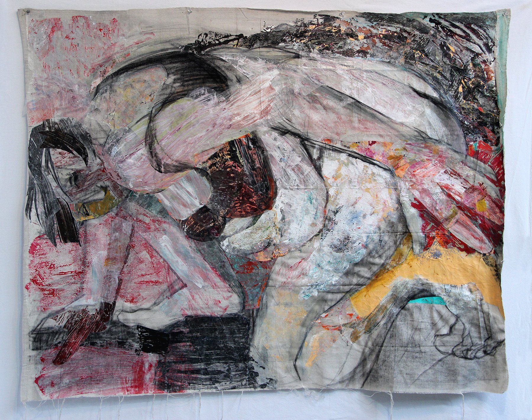 Danae. 2019, Mixed media and collage on drop cloth, 42