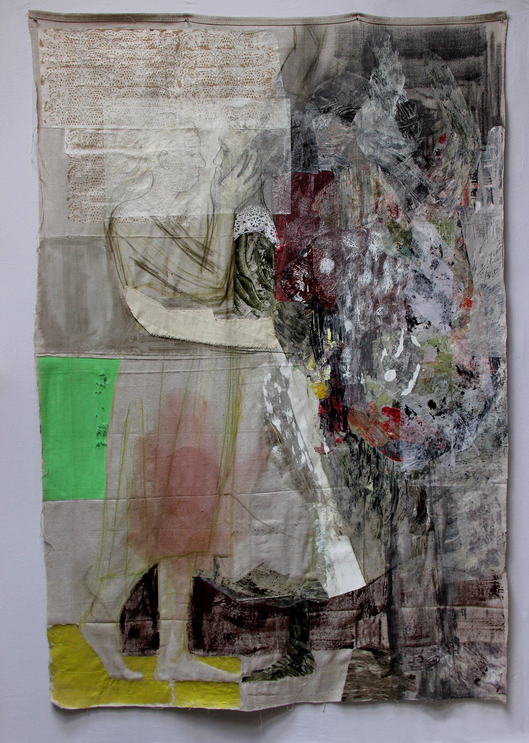 Daughter. 2020, Mixed media and collage on drop cloth, 70