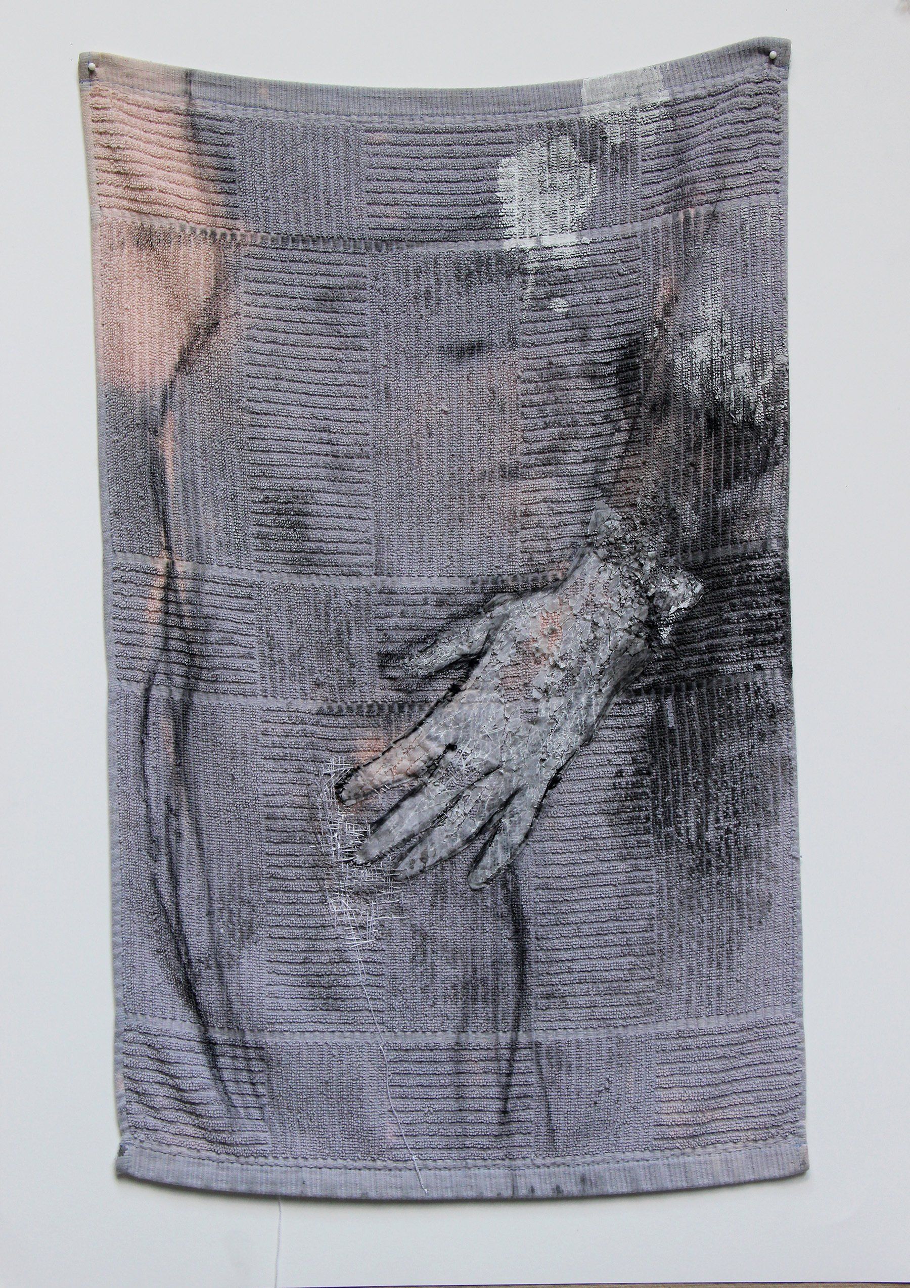 Denial II. 2018, Stitching, mixed media, bleach and wax on kitchen towel, 25