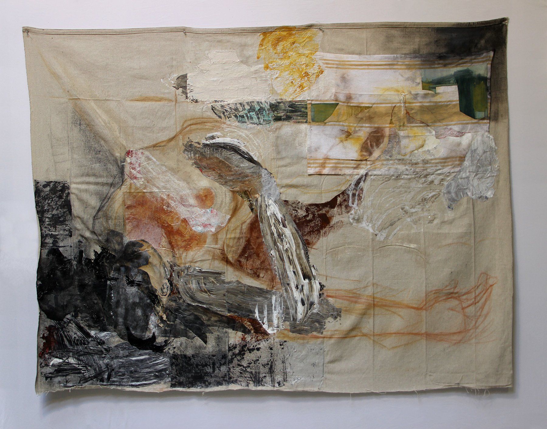 Denouement. 2019, Mixed media and collage, with stitching on kitchen towel, on drop cloth, 53
