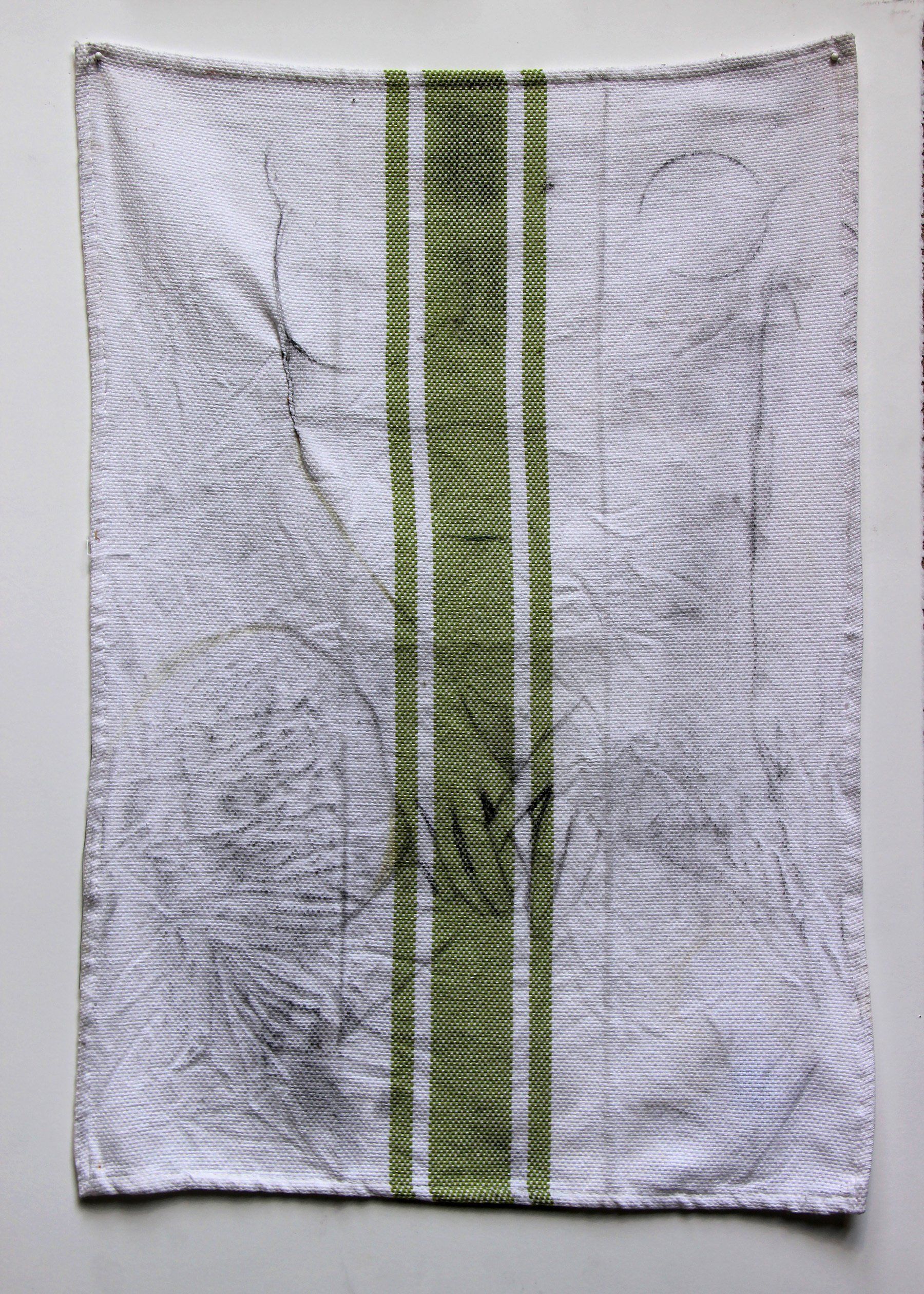 Desire. 2018, Stitching and charcoal on kitchen towel, 25