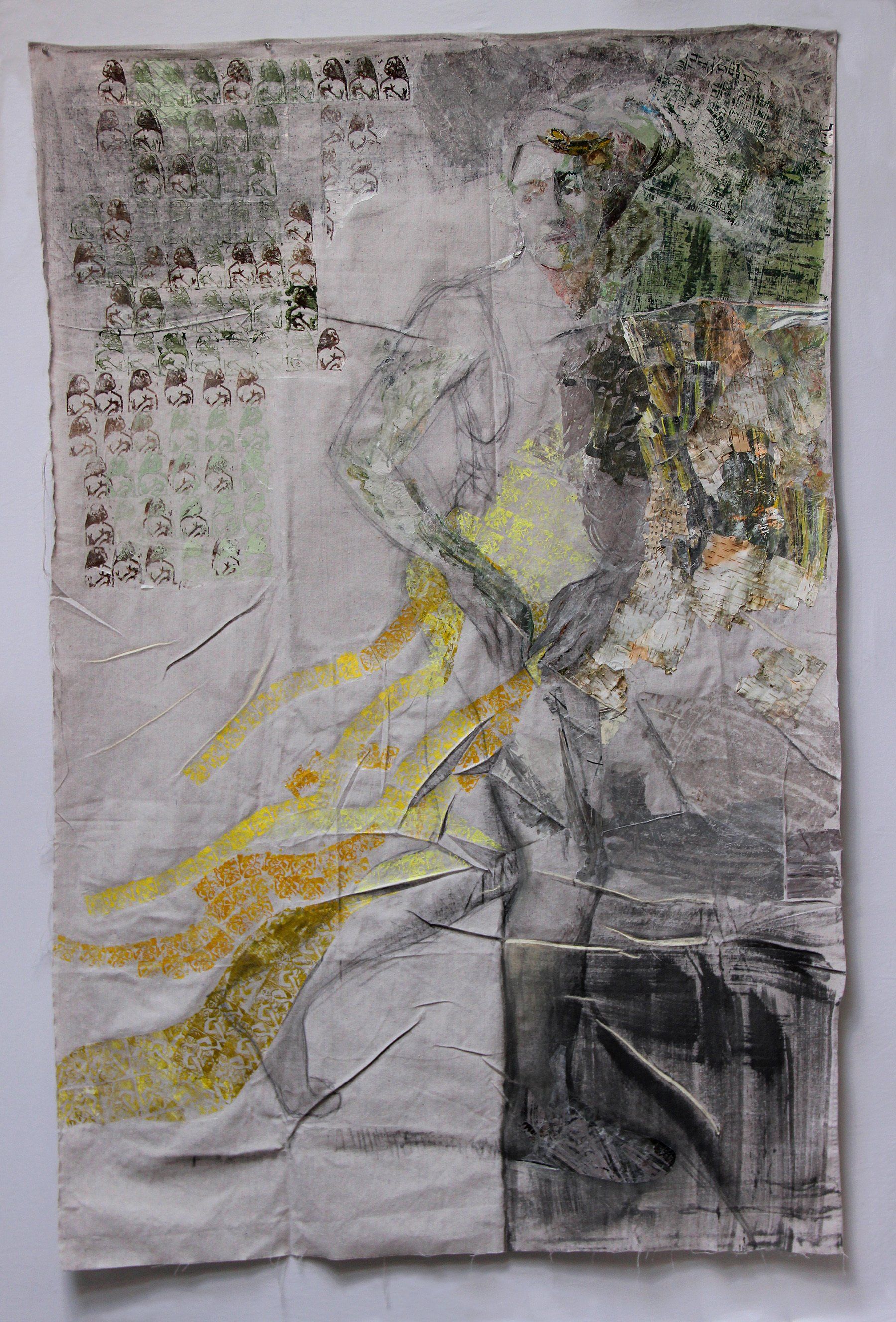 Expulsion. 2020, Mixed media, bark and collage, with block print of Masaccio’s Eve, on drop cloth, 72” x 46