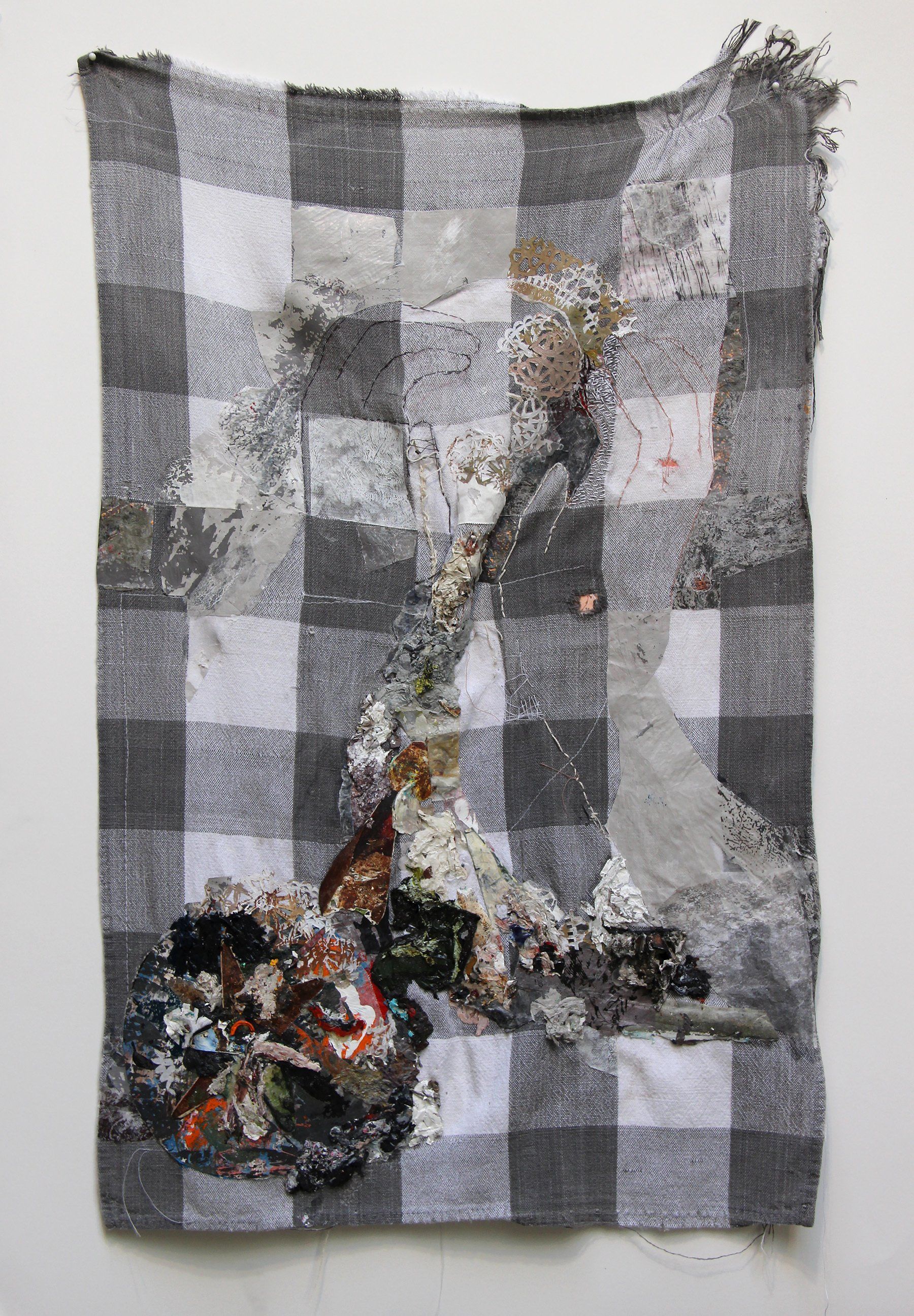 Hands to Work. 2020, Stitching, acrylic collage and paper doily on kitchen towel, 25