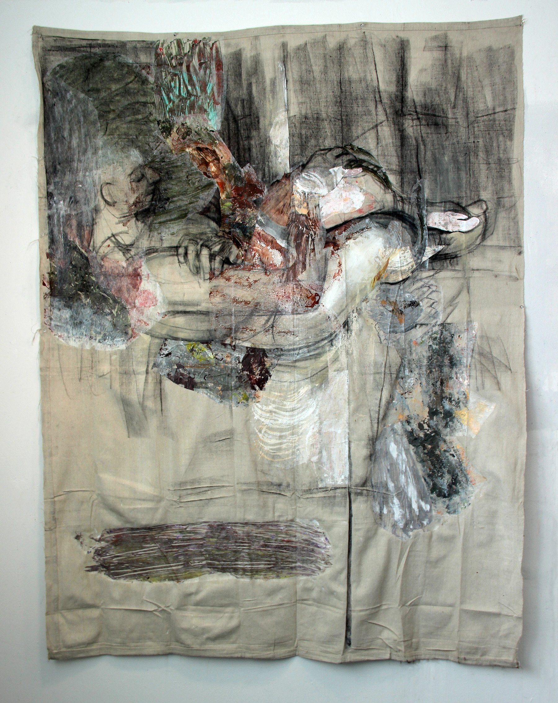 Held. 2018 Mixed media and collage on drop cloth, 67