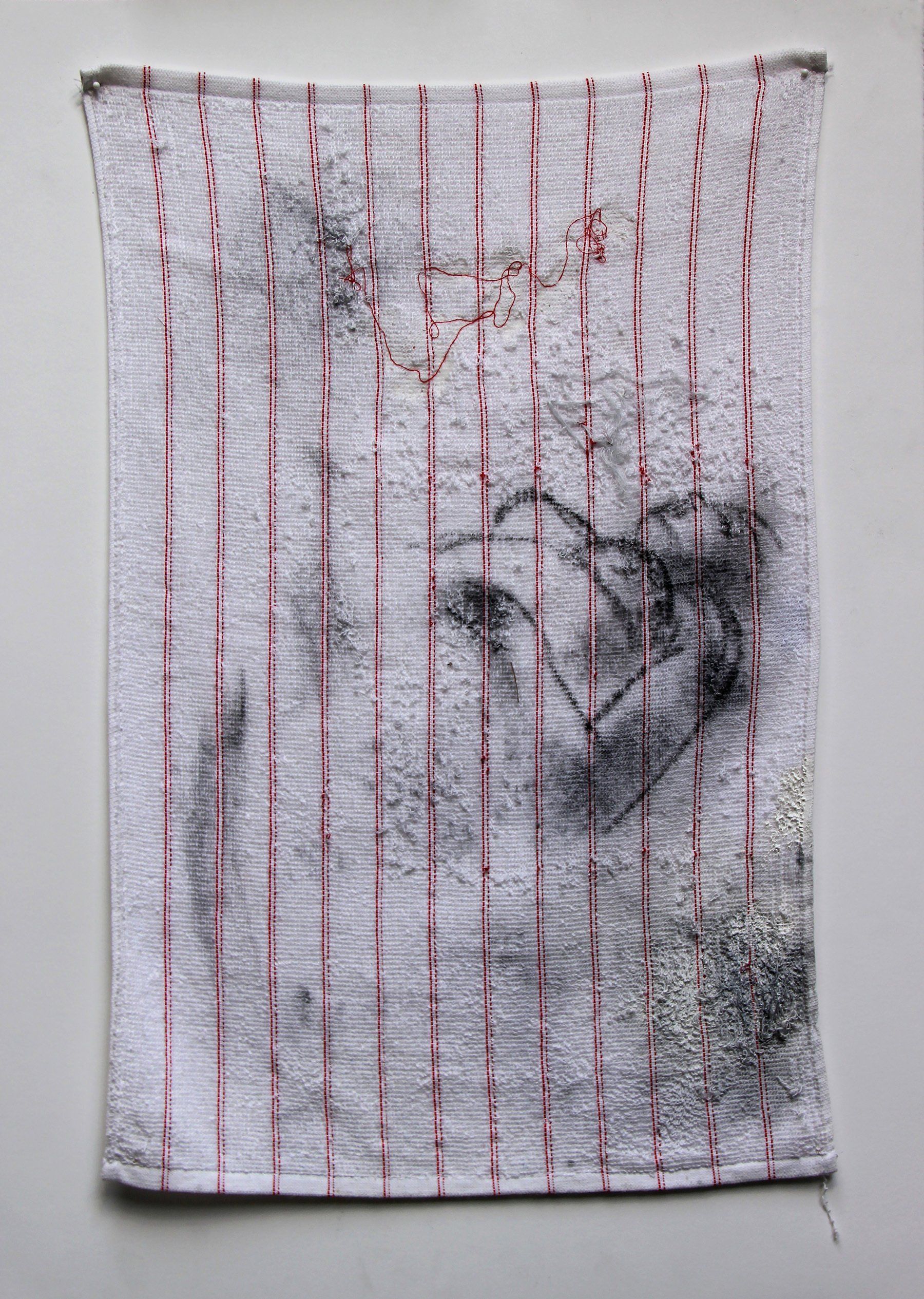 Offering (Primavera). 2019, Stitching, pastel pencil and collage on kitchen towel, 31