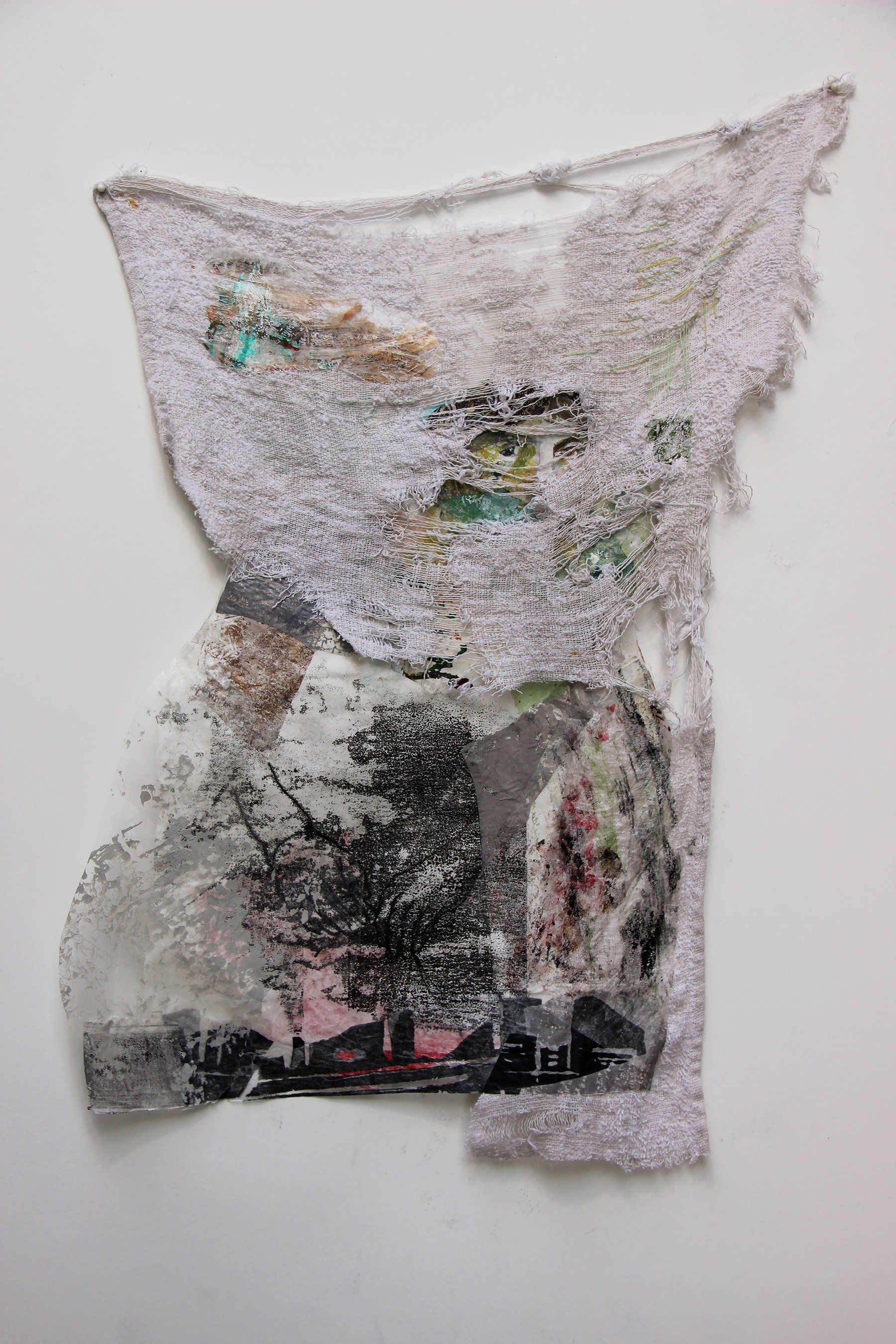 Past Future Tense. 2020, Mixed media and collage on drop cloth, 70