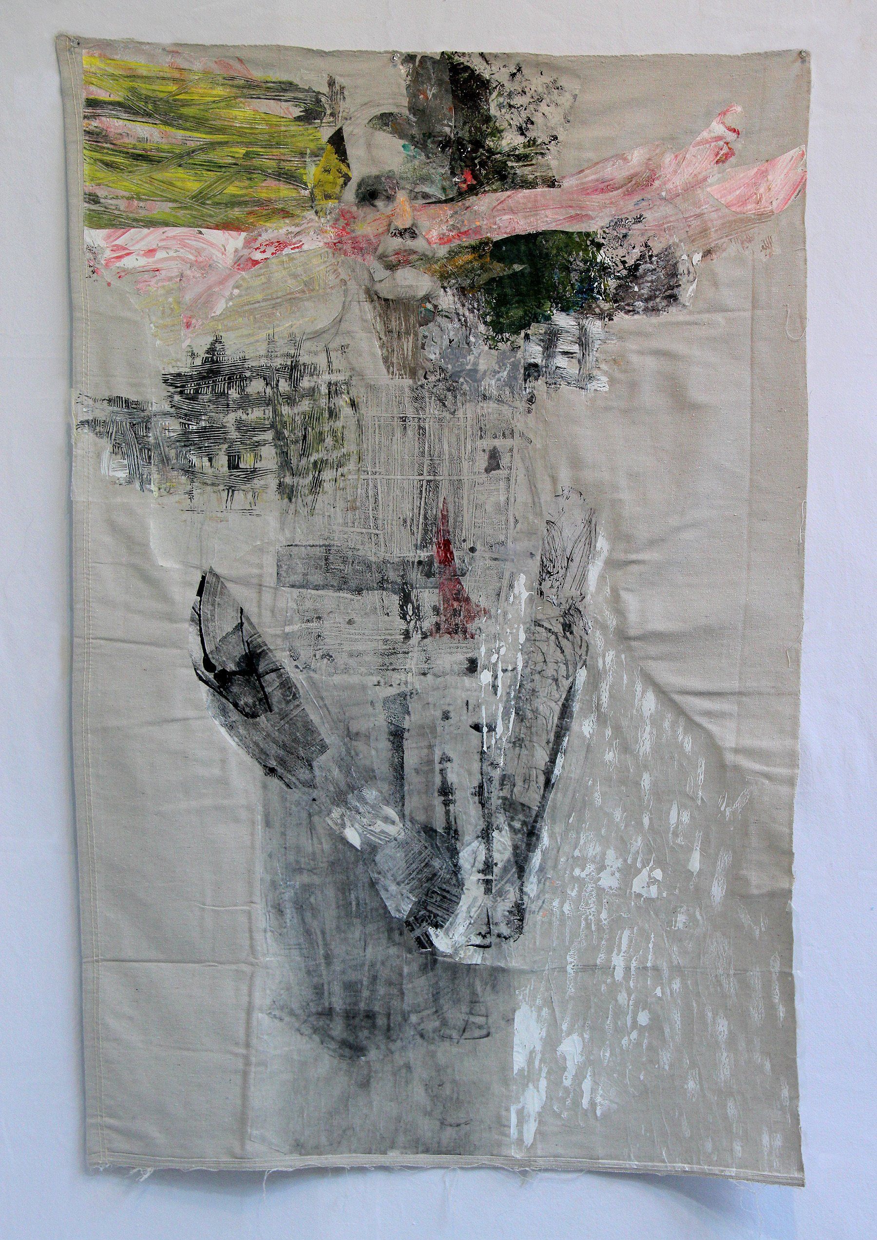 Portrait of M. 2019, Mixed media and collage on drop cloth, 52