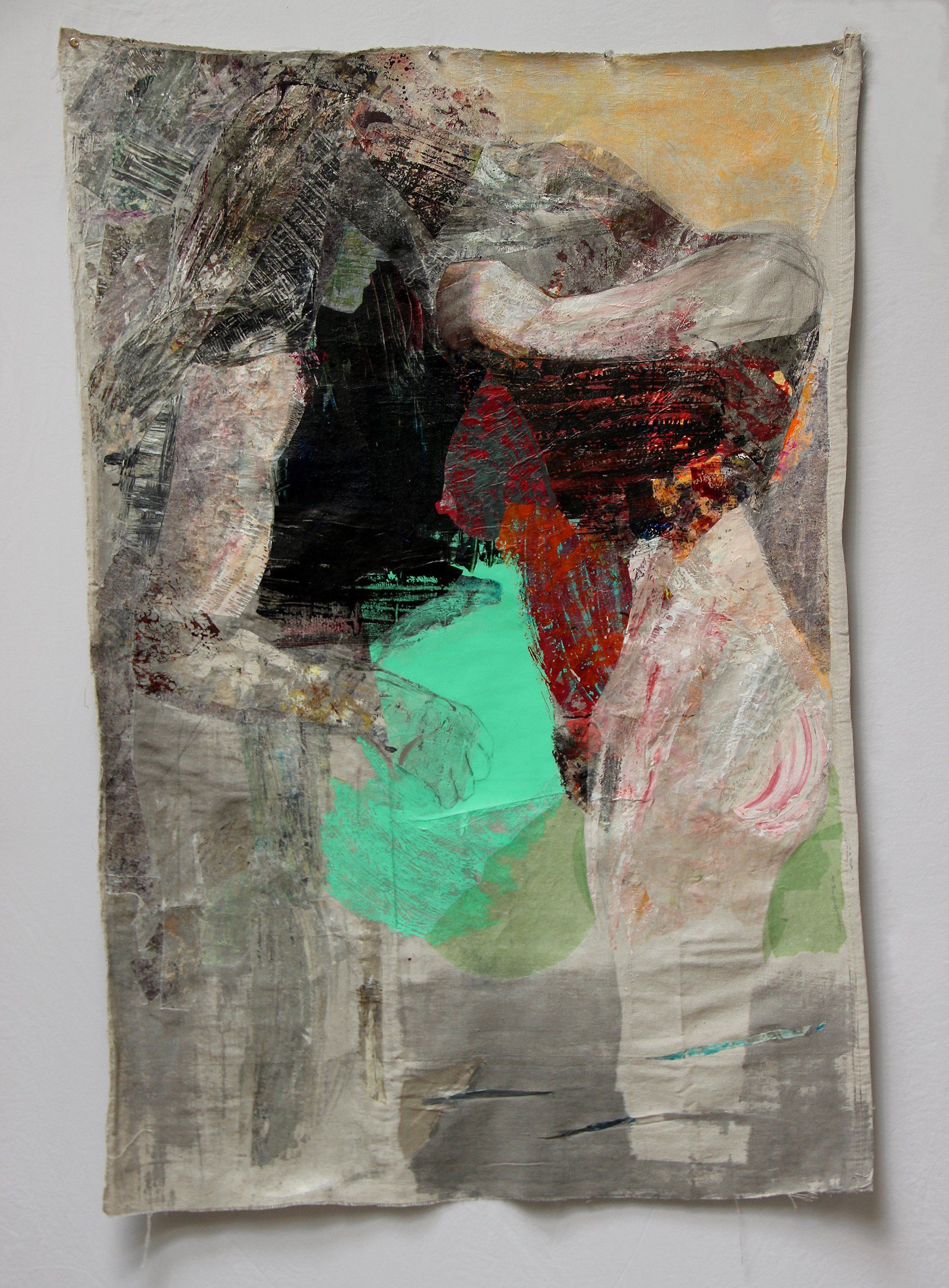 Seeker. 2019, Mixed media and collage on drop cloth, 50